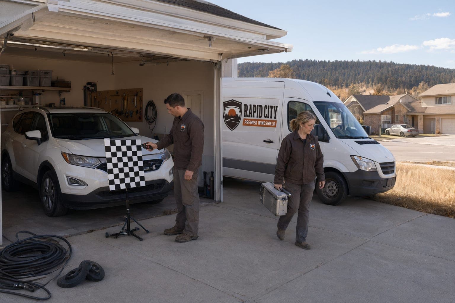 Technician measuring from an SUV to a checkerboard calibration target in a garage