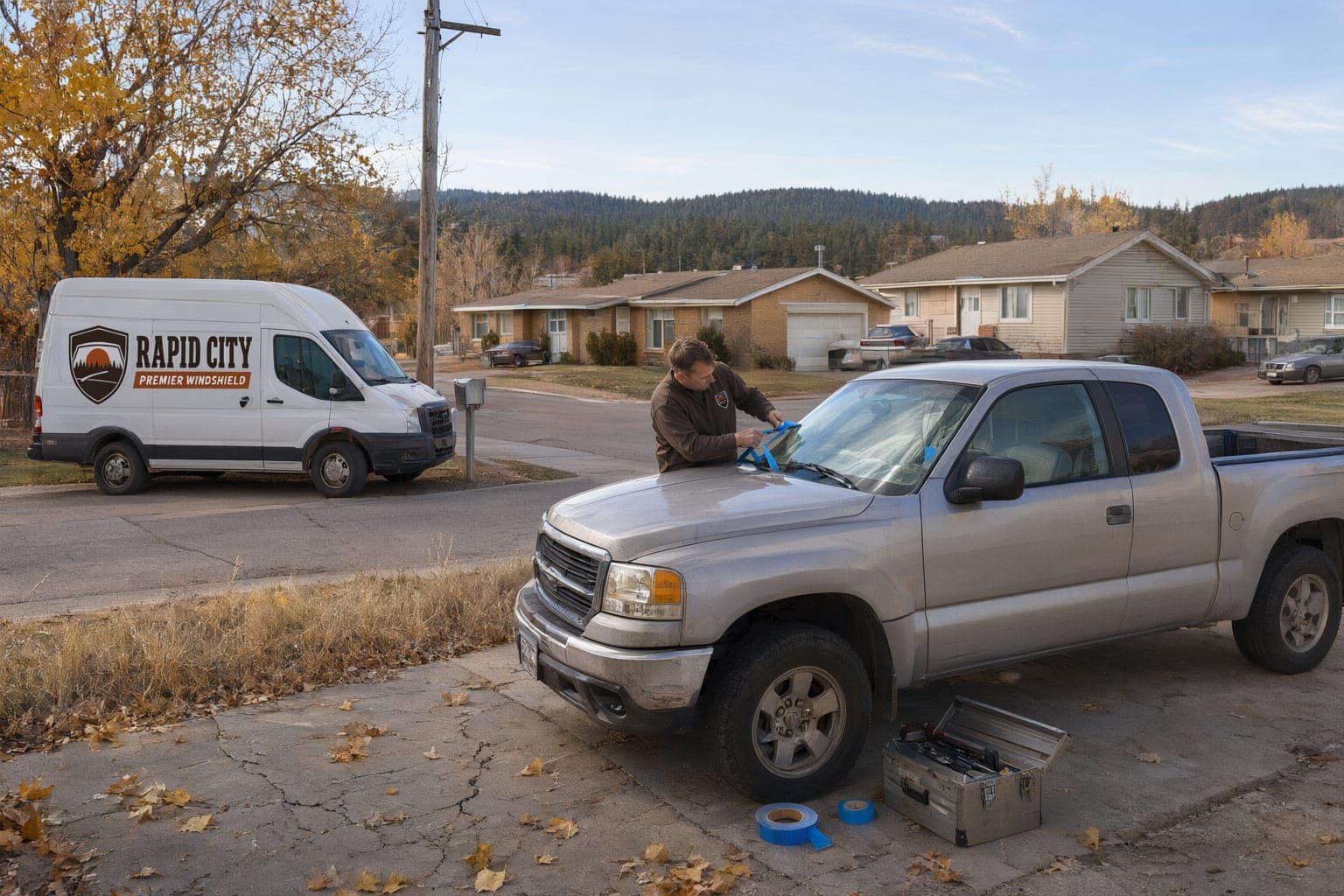 Technician taping a freshly installed windshield on a silver pickup in a driveway