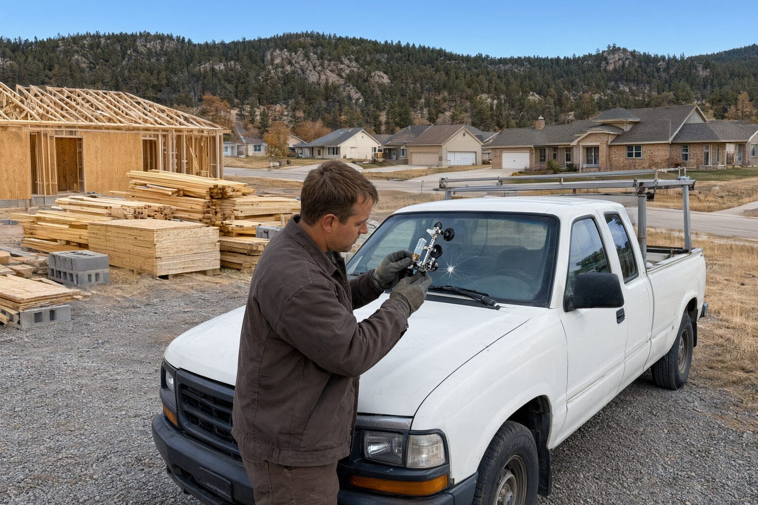 Technician repairing a rock chip on a white contractor pickup at a house construction site