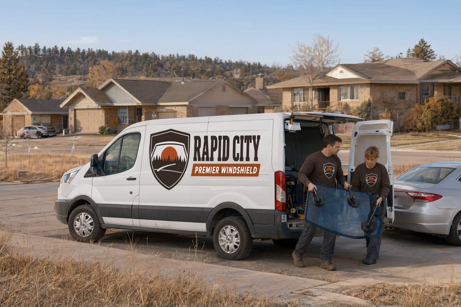Two technicians carrying a new windshield with suction-cup handles from the Rapid City Premier Windshield van to a sedan in a driveway