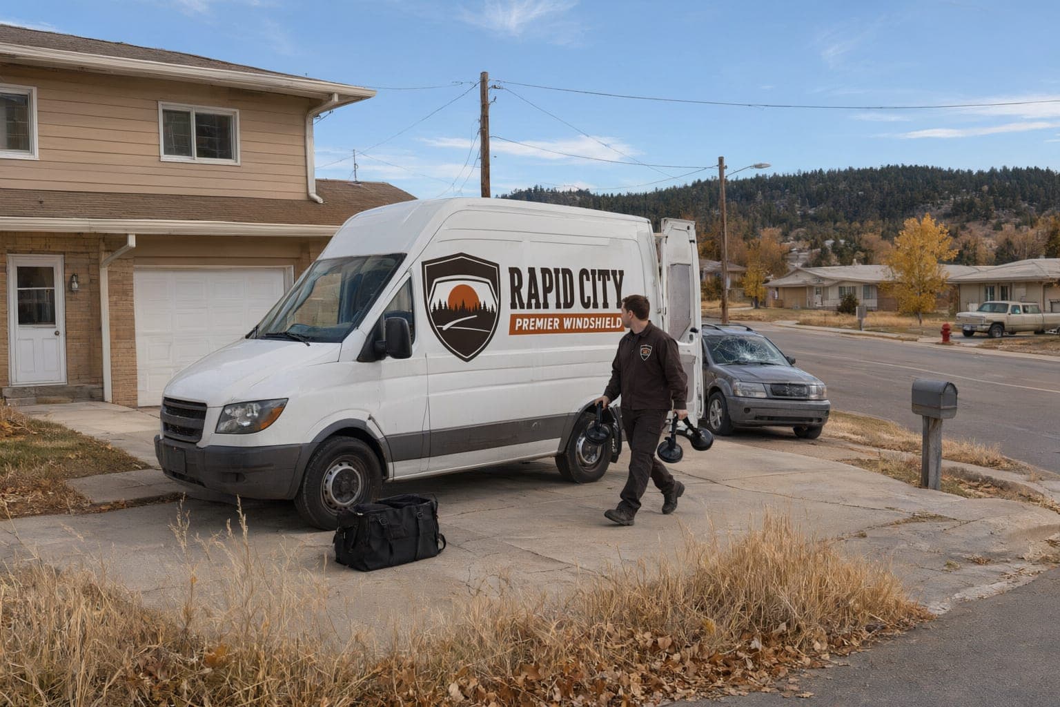 Rapid City Premier Windshield van parked at a split-level house in Rapid City with a technician carrying suction-cup lifters