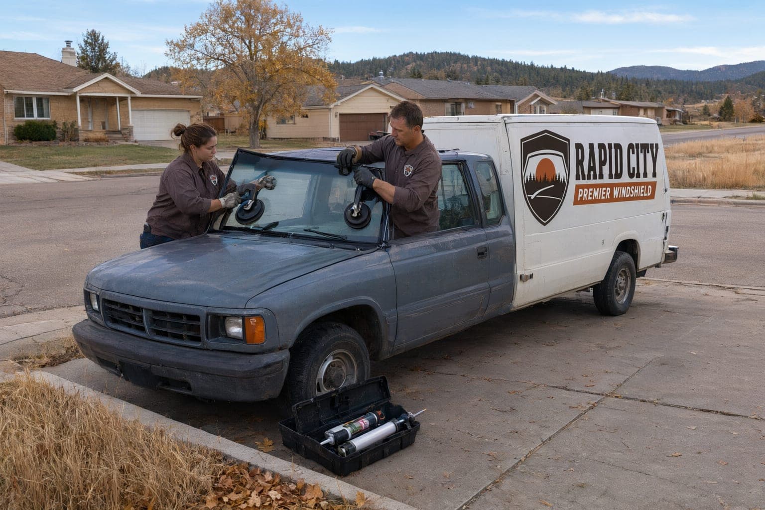 Two technicians setting a new windshield on a pickup in a driveway while the company van waits behind